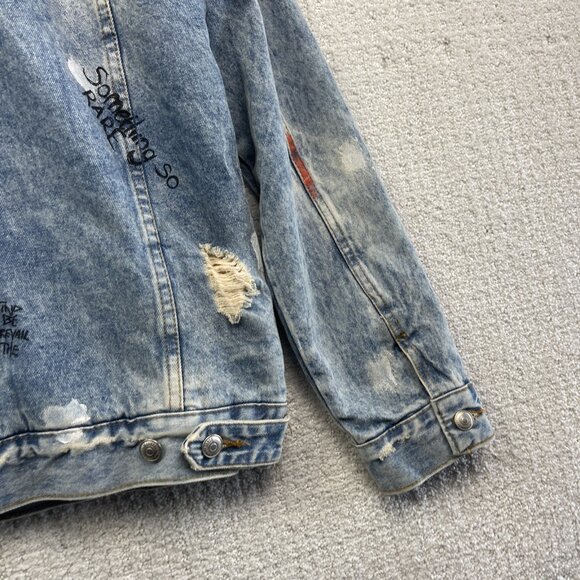 Y2K Zara Denim Punk Emo Goth Graffiti Jacket Sherpa Lined Distressed Men Size S - Picture 14 of 16